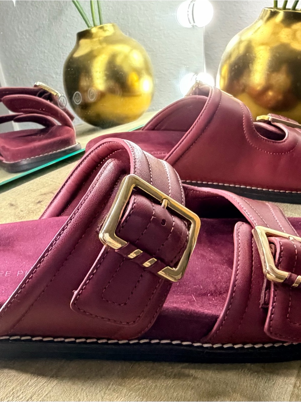 Free People Burgundy Slide Sandals with Gold Buckles